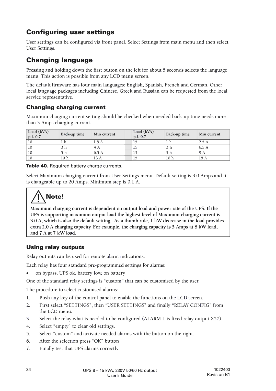 Powerware 8 - 10 kVA manual Configuring user settings, Changing language, Changing charging current, Using relay outputs 