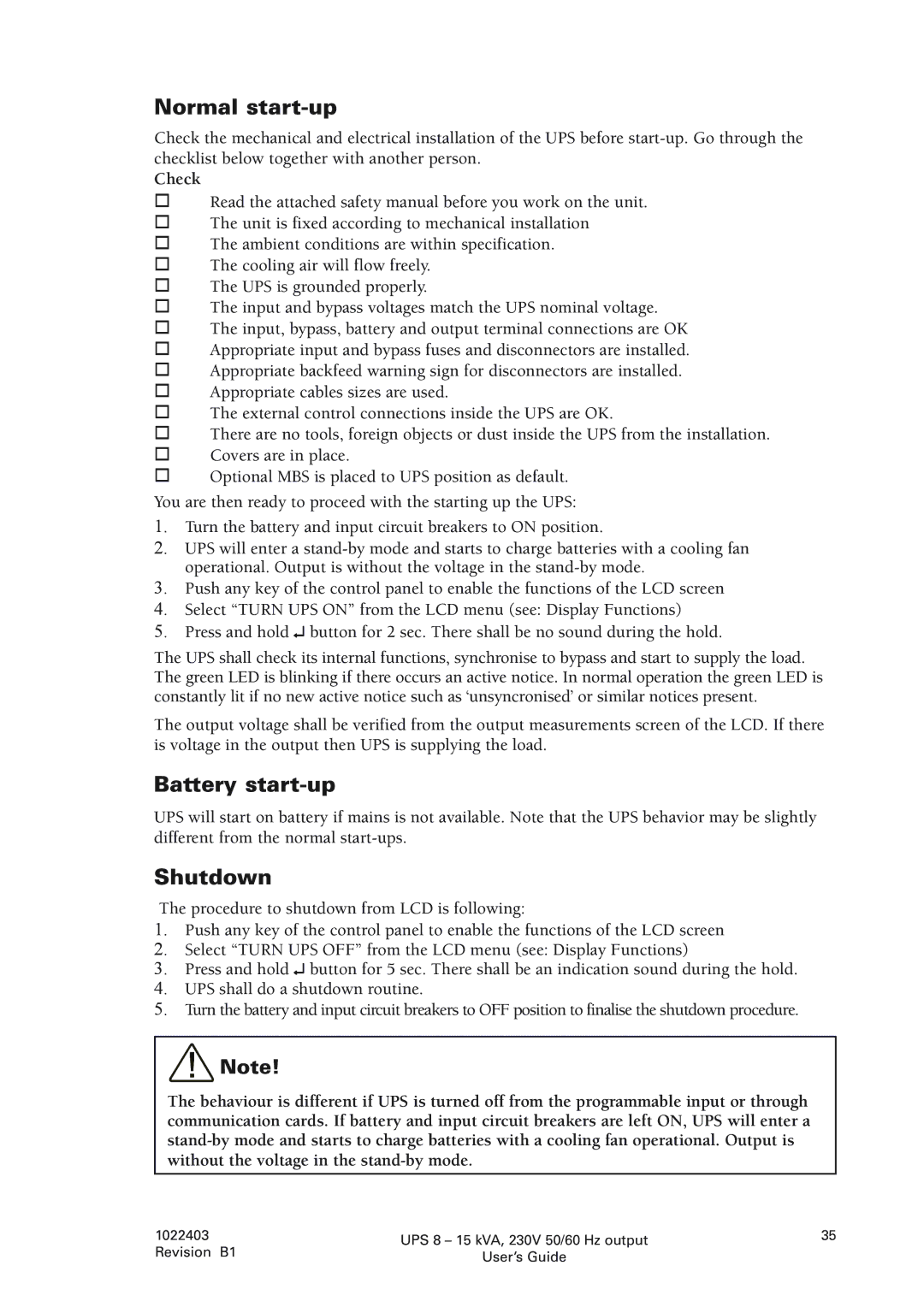 Powerware 8 - 15 kVA, 8 - 10 kVA manual Normal start-up, Battery start-up, Shutdown, Check 