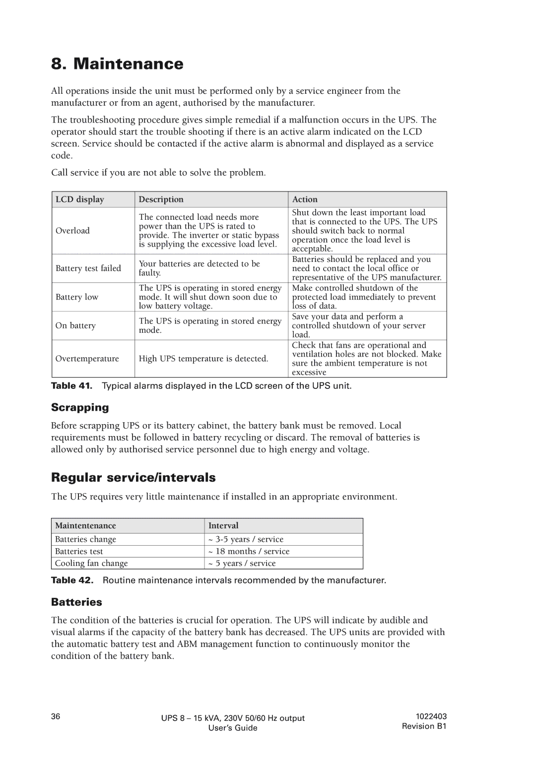 Powerware 8 - 10 kVA, 8 - 15 kVA manual Maintenance, Regular service/intervals, Scrapping, Batteries 