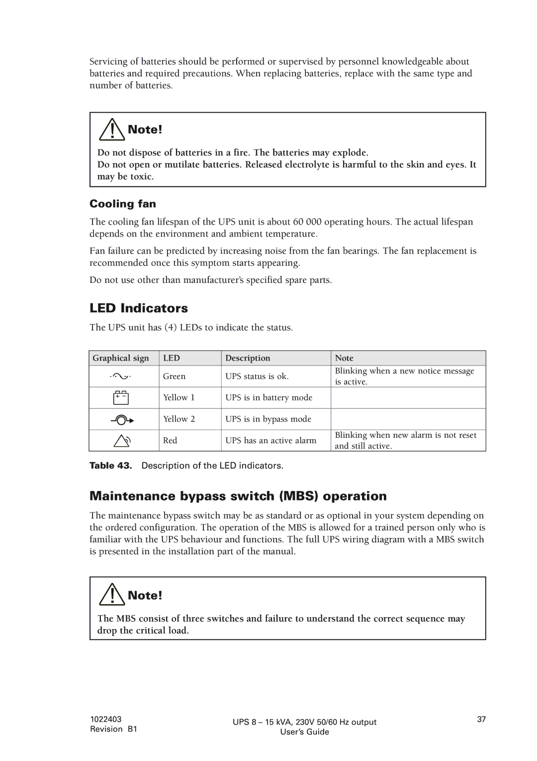 Powerware 8 - 15 kVA, 8 - 10 kVA manual LED Indicators, Maintenance bypass switch MBS operation, Cooling fan 