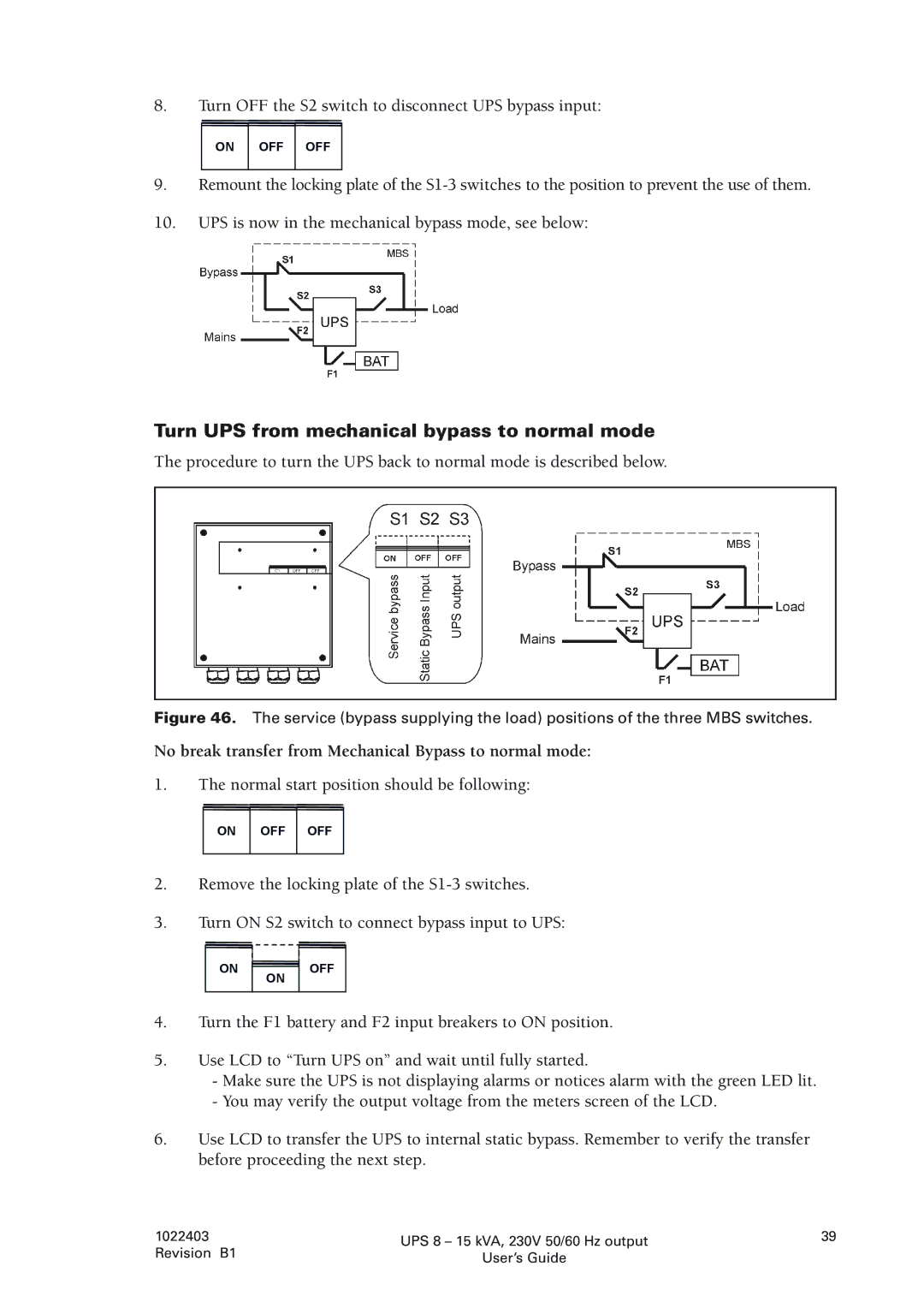 Powerware 8 - 15 kVA, 8 - 10 kVA manual Turn UPS from mechanical bypass to normal mode 