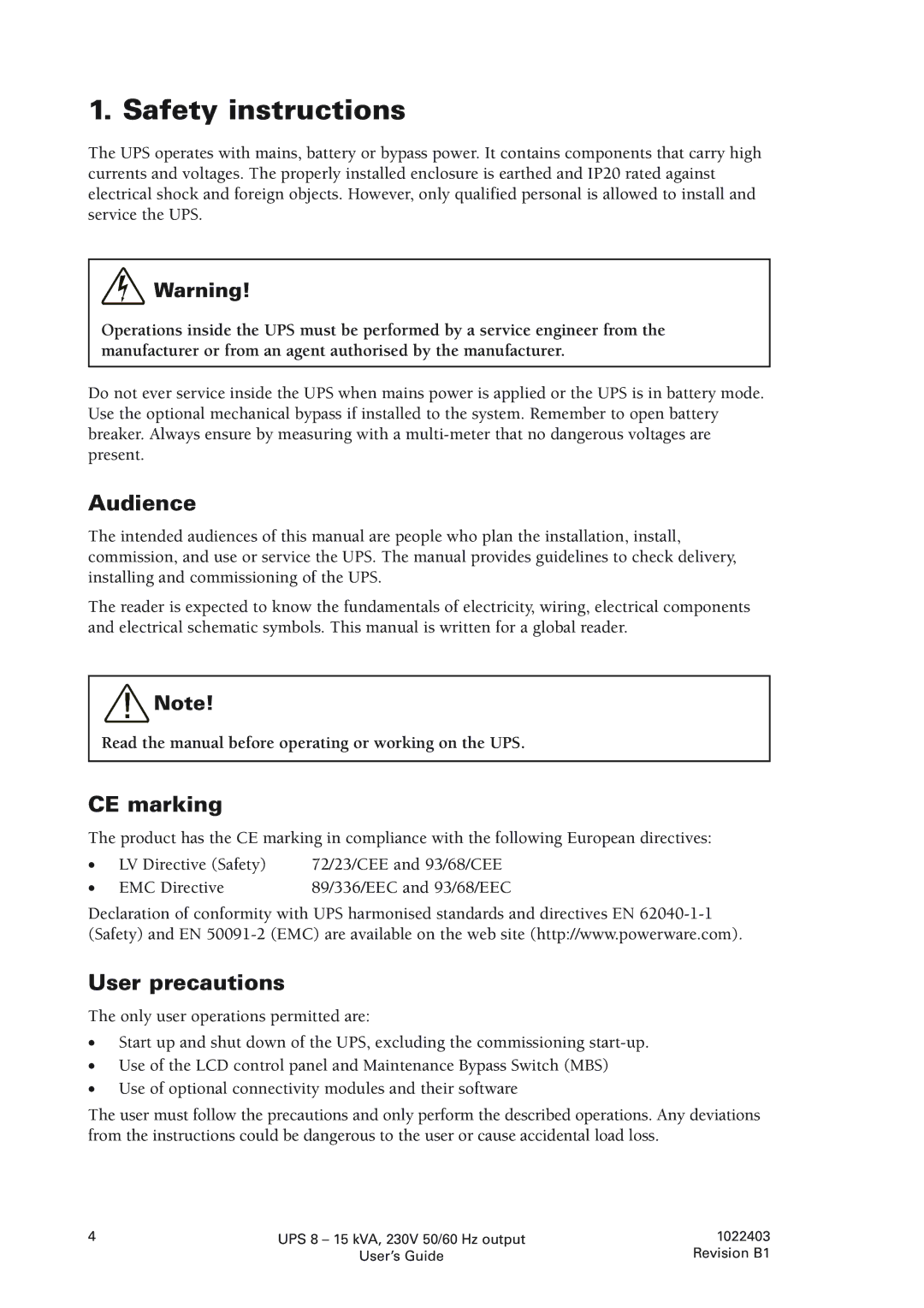 Powerware 8 - 10 kVA, 8 - 15 kVA manual Safety instructions, Audience, CE marking, User precautions 