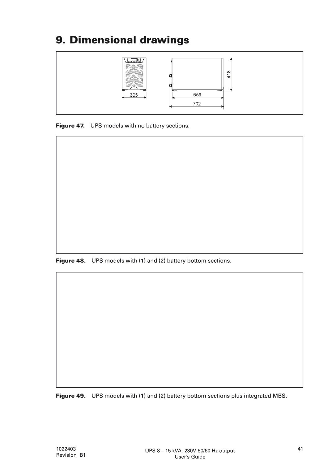 Powerware 8 - 15 kVA, 8 - 10 kVA manual Dimensional drawings, UPS models with no battery sections 