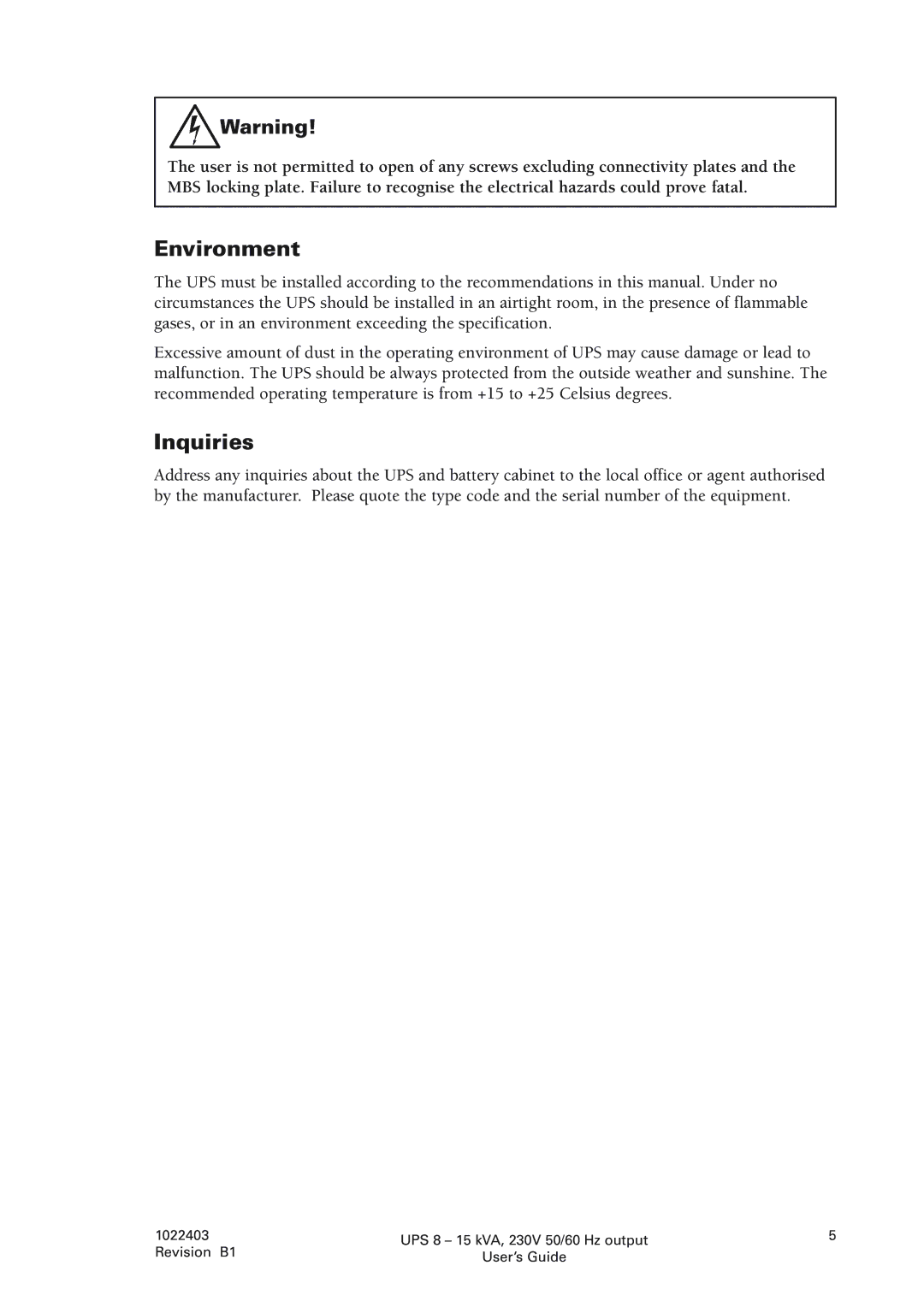 Powerware 8 - 15 kVA, 8 - 10 kVA manual Environment, Inquiries 