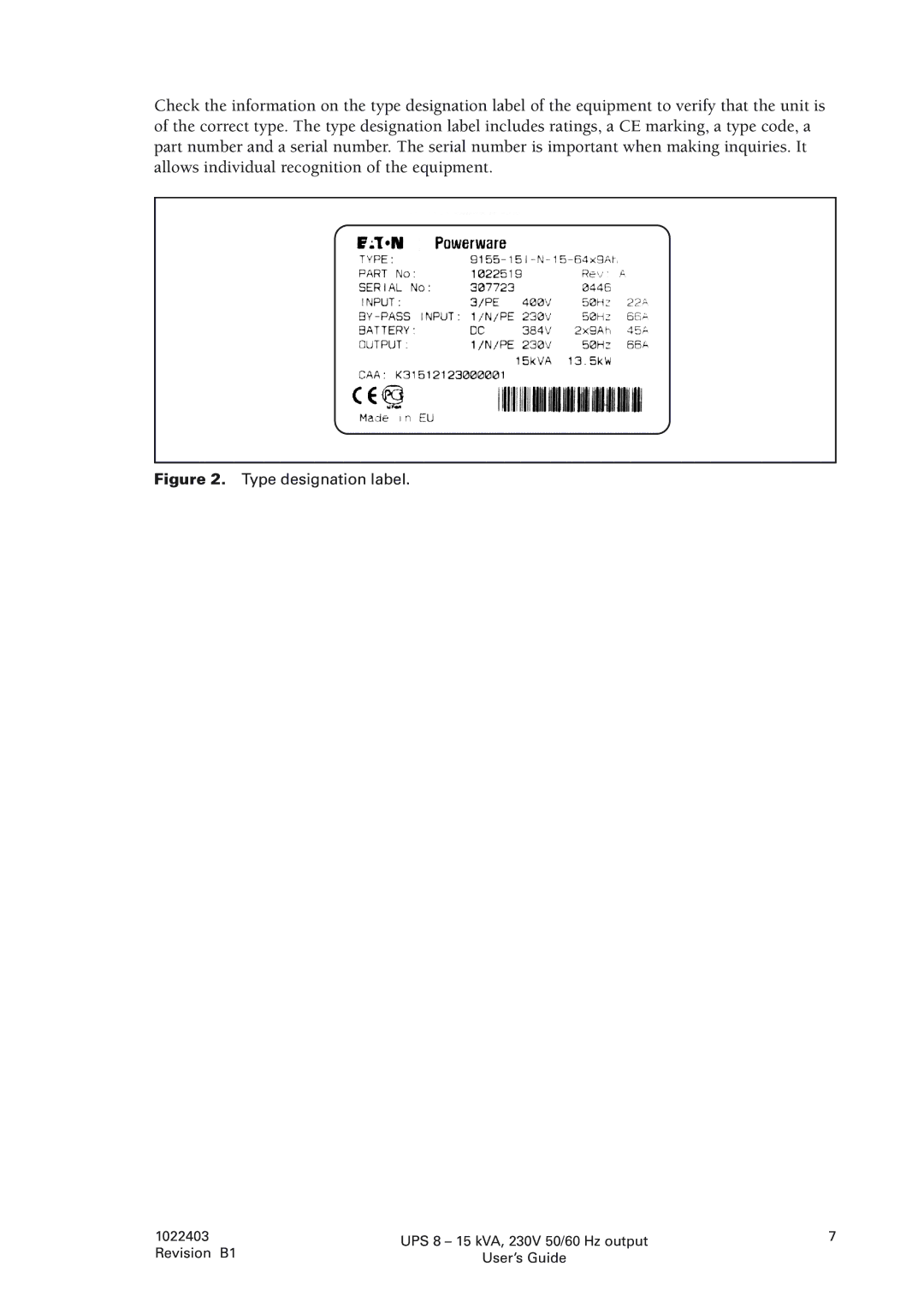 Powerware 8 - 15 kVA, 8 - 10 kVA manual Type designation label 