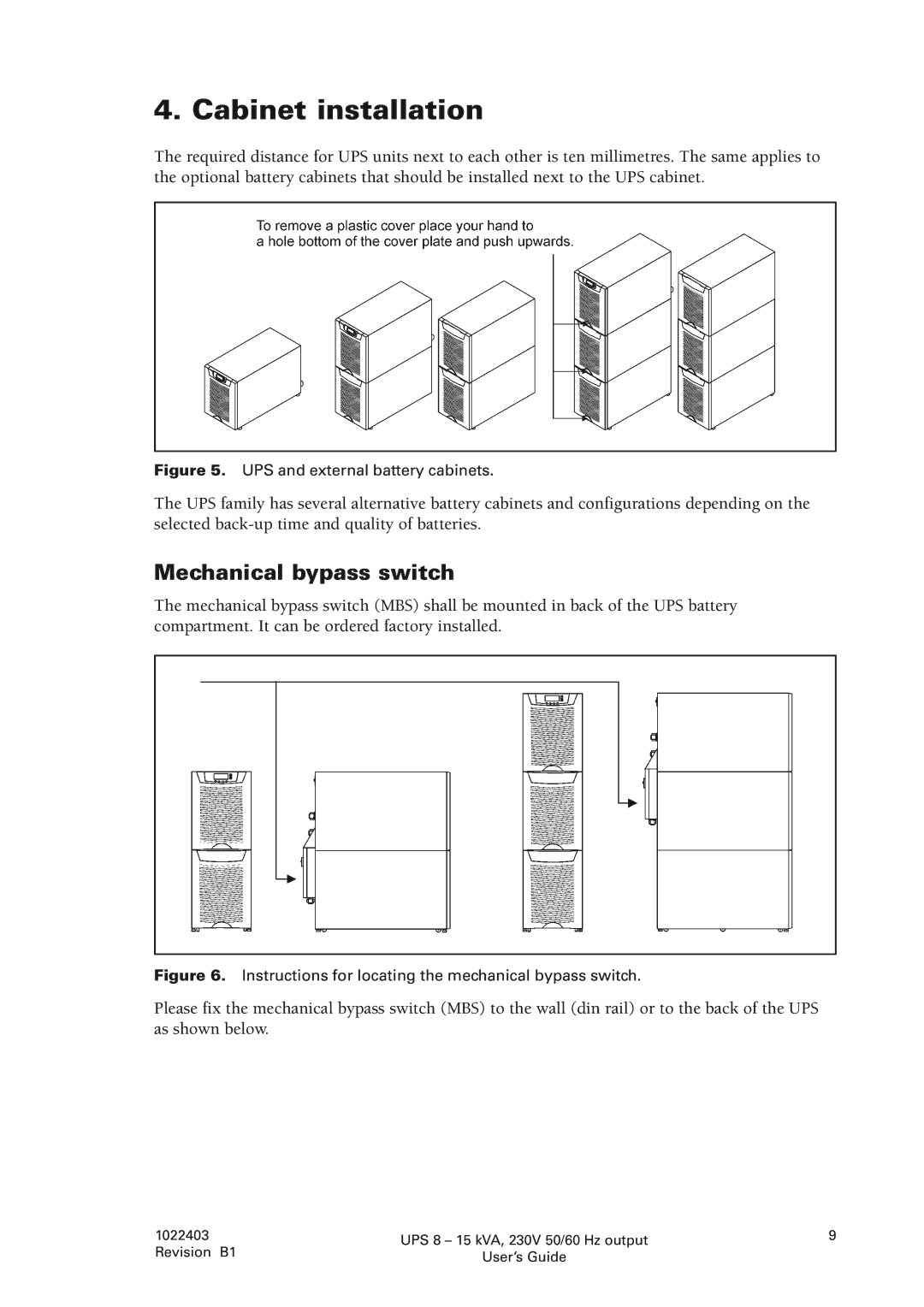 Powerware 8 - 15 kVA, 8 - 10 kVA manual Cabinet installation, Mechanical bypass switch 