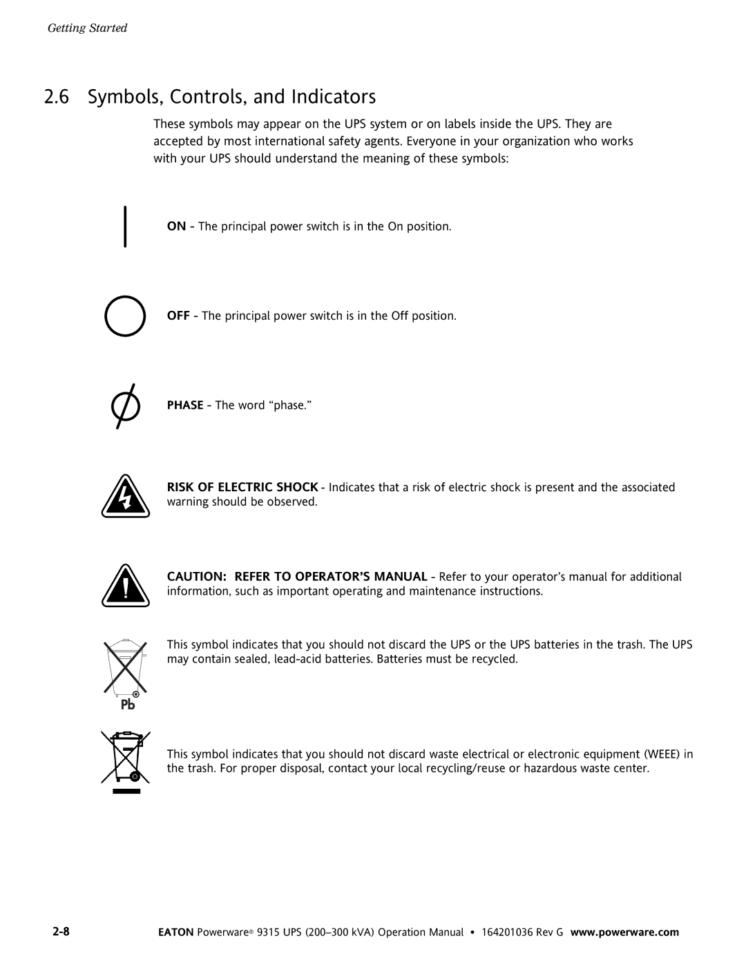 Powerware 9315 UPS operation manual Symbols, Controls, and Indicators 