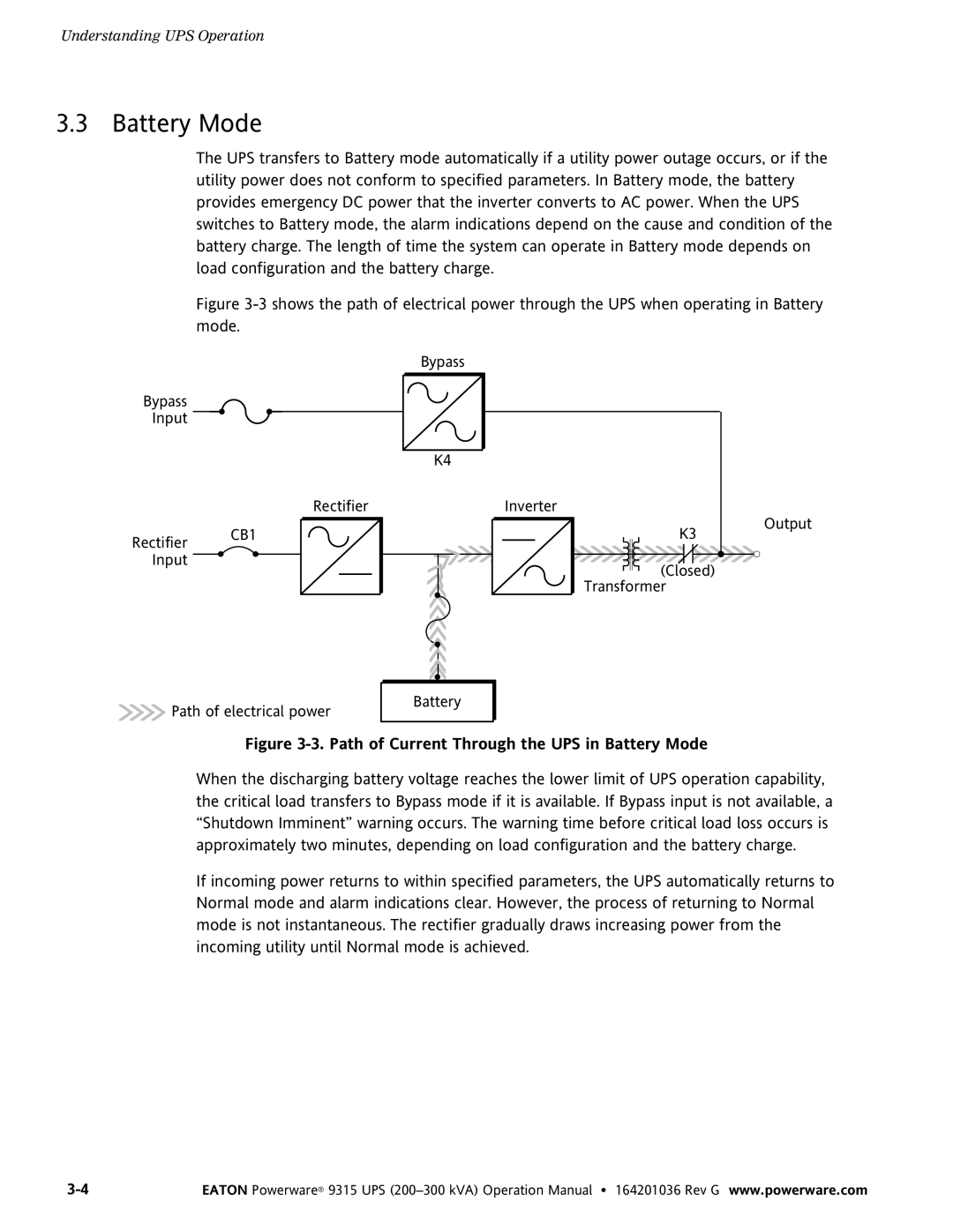 Powerware 9315 UPS operation manual Battery Mode 