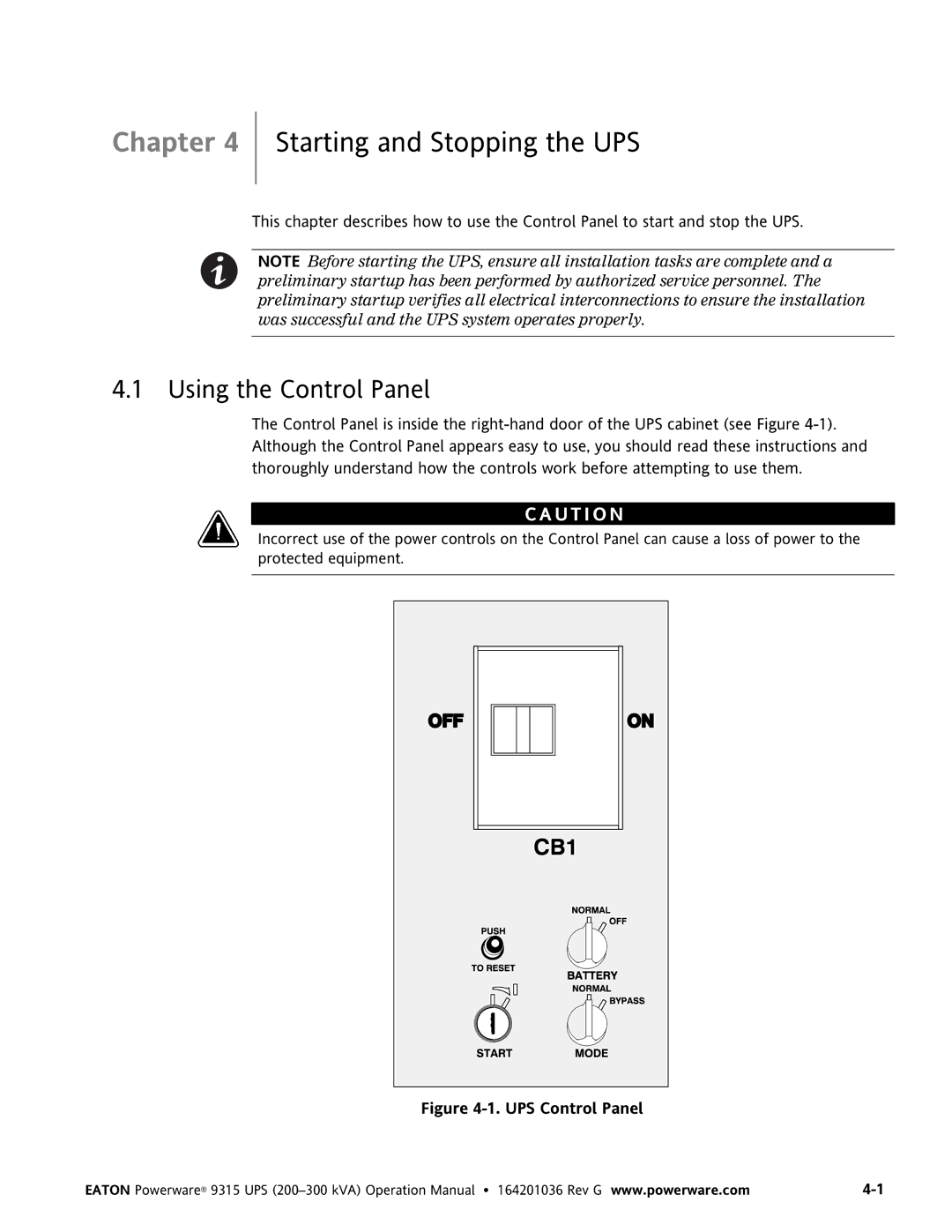 Powerware 9315 UPS operation manual Starting and Stopping the UPS, Using the Control Panel 