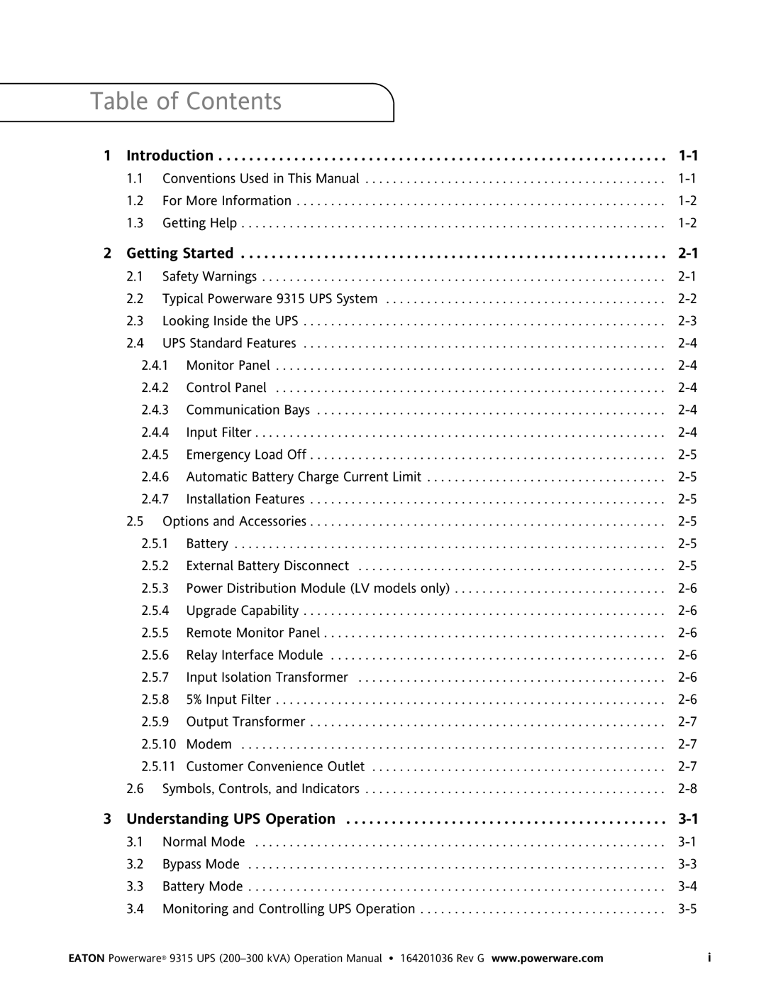 Powerware 9315 UPS operation manual Table of Contents 