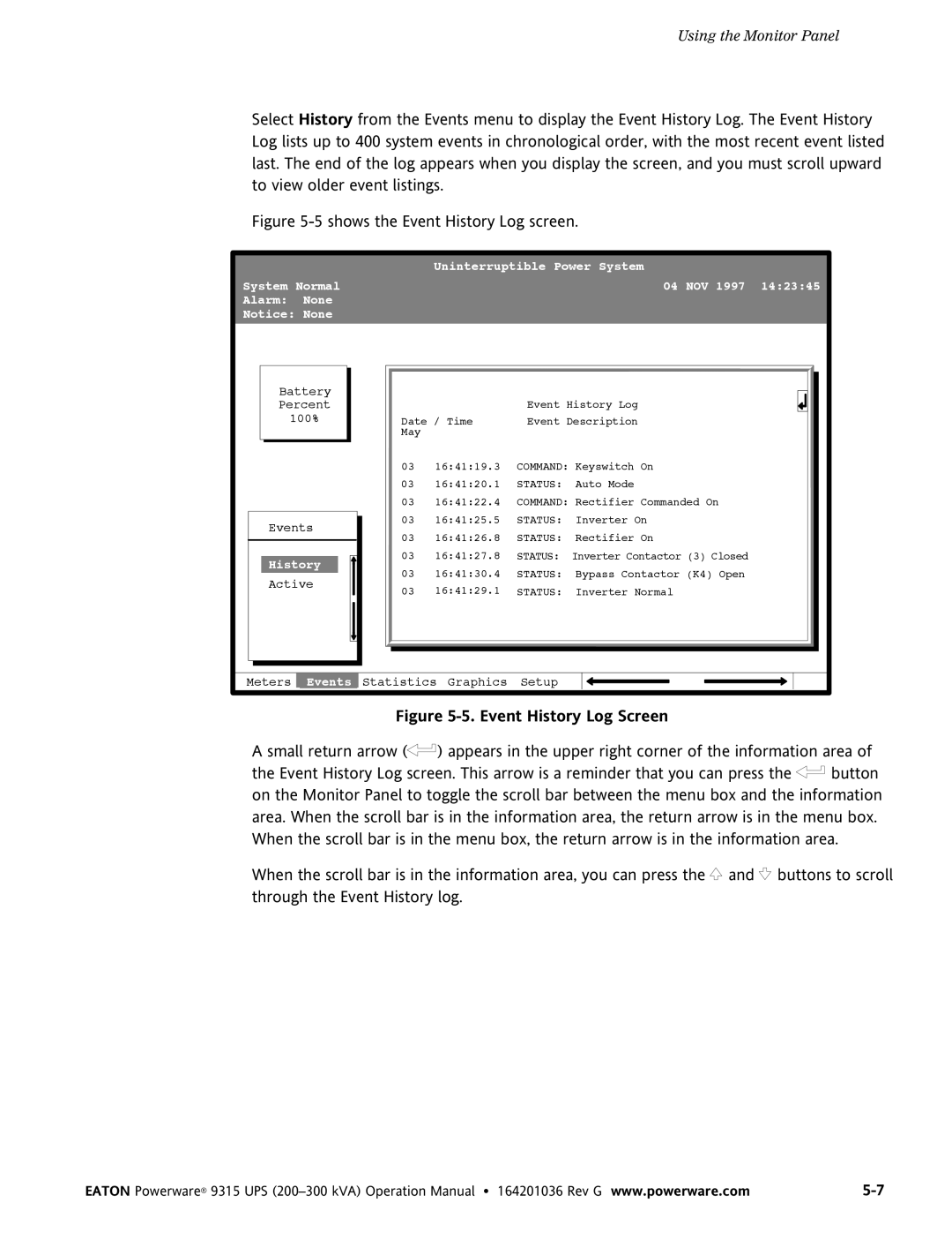 Powerware 9315 UPS operation manual 5shows the Event History Log screen 