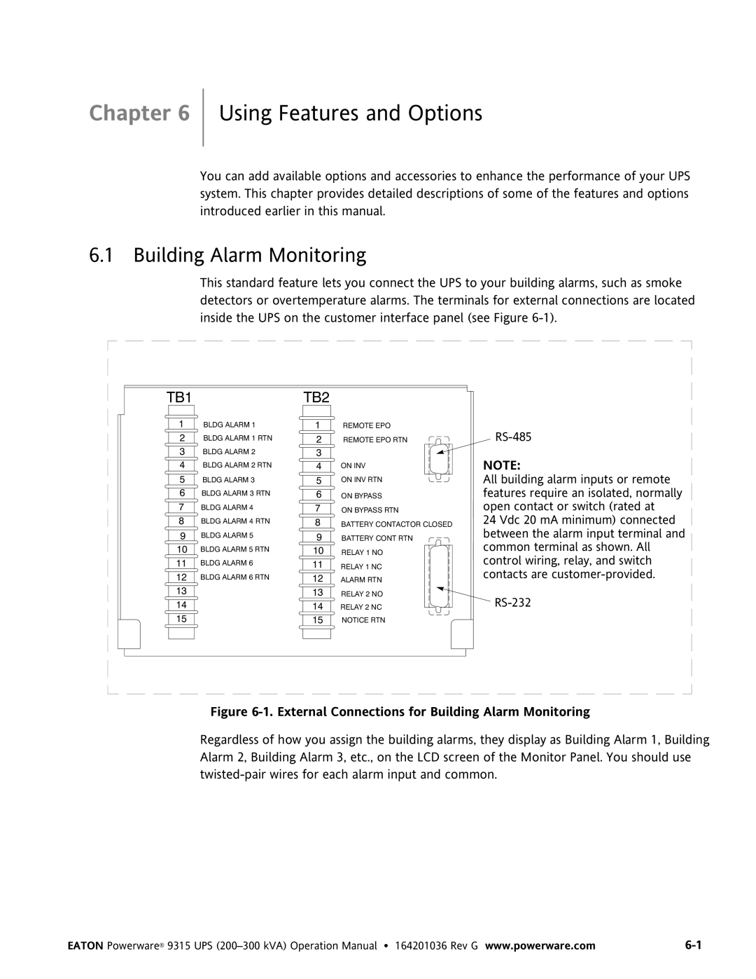 Powerware 9315 UPS operation manual Using Features and Options, Building Alarm Monitoring 