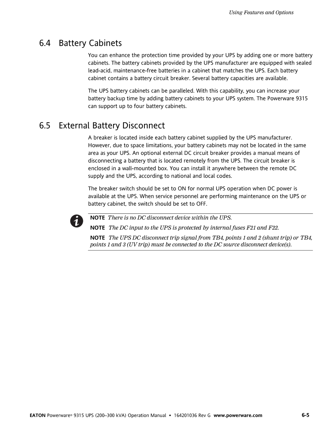 Powerware 9315 UPS operation manual Battery Cabinets, External Battery Disconnect 