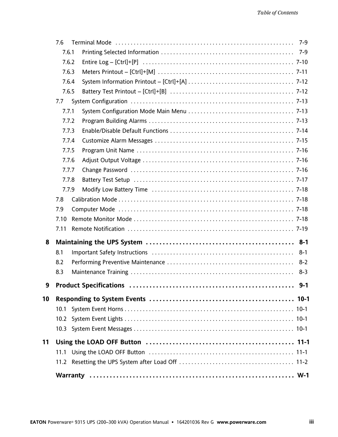 Powerware 9315 UPS operation manual Product Specifications −1 10 Responding to System Events −1 