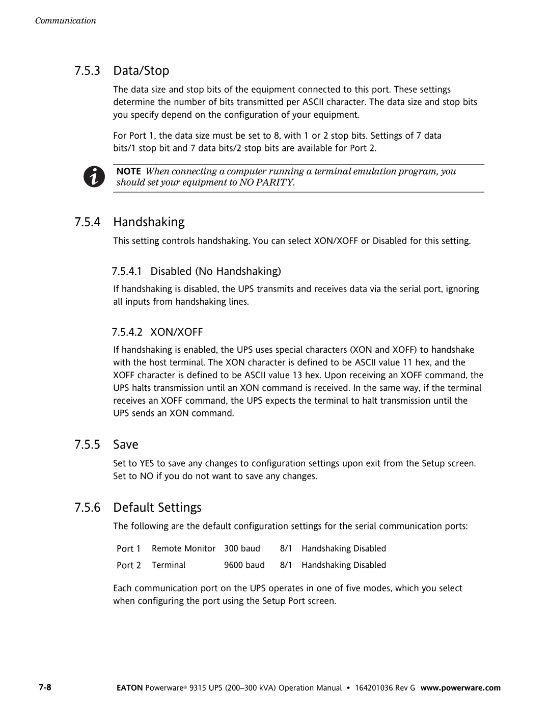 Powerware 9315 UPS operation manual Data/Stop, Handshaking, Save, Default Settings 