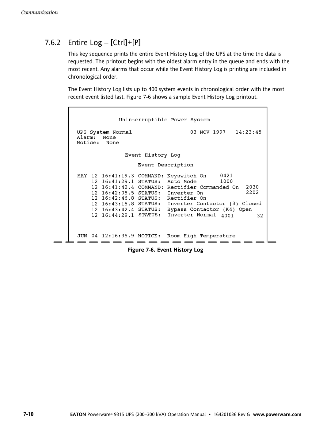 Powerware 9315 UPS operation manual Entire Log Ctrl+P, Event History Log 
