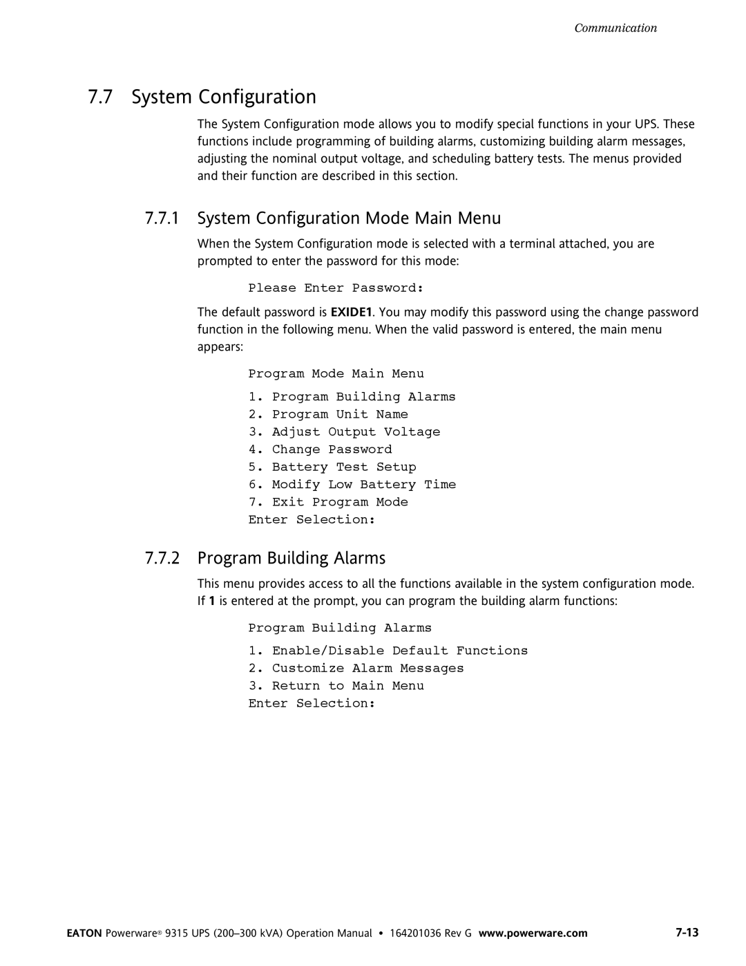 Powerware 9315 UPS operation manual System Configuration Mode Main Menu, Program Building Alarms 