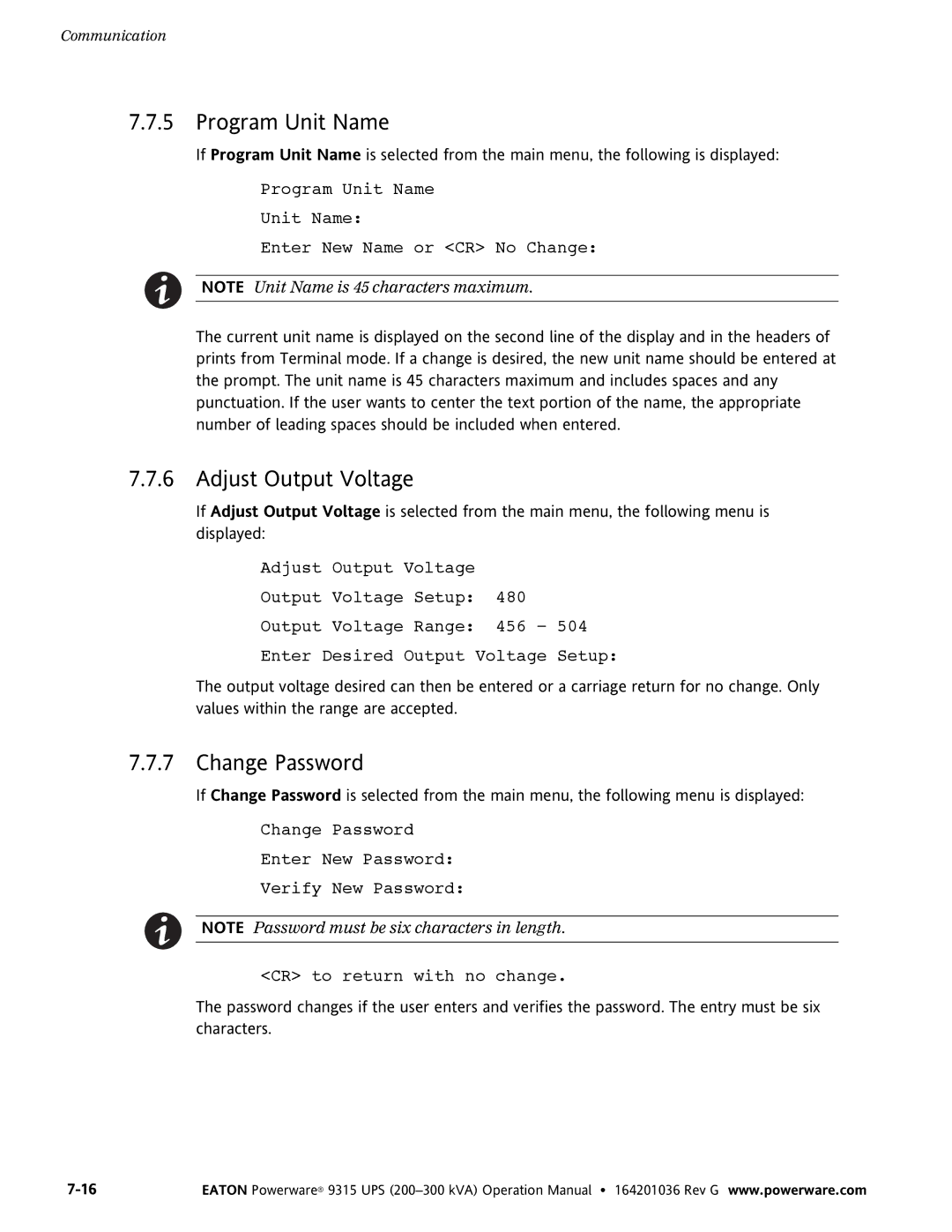 Powerware 9315 UPS operation manual Program Unit Name, Adjust Output Voltage, Change Password 