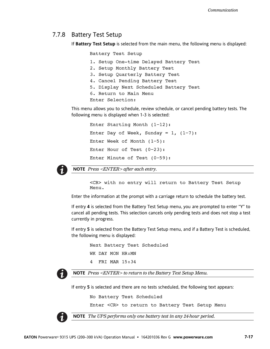 Powerware 9315 UPS operation manual Battery Test Setup, WK DAY MON Hrmn 