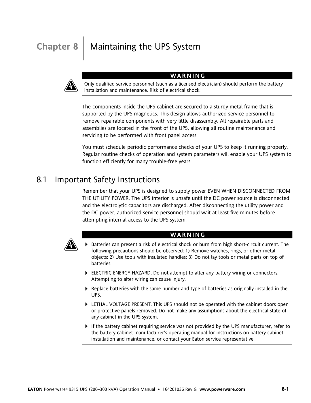 Powerware 9315 UPS operation manual Maintaining the UPS System, Important Safety Instructions 