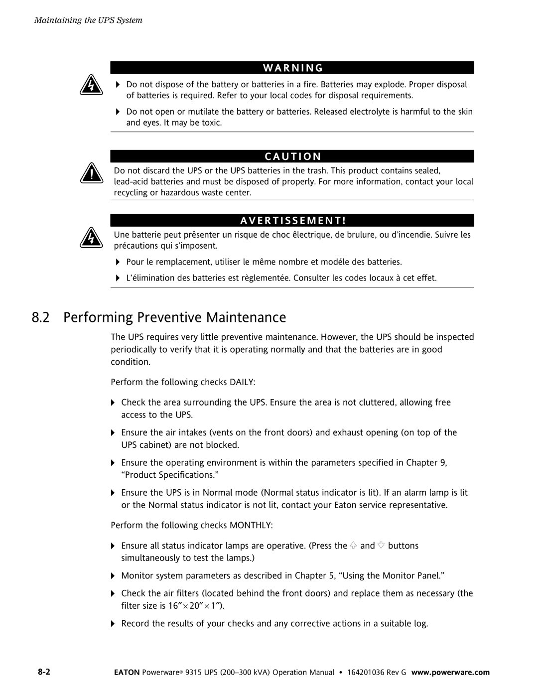 Powerware 9315 UPS operation manual Performing Preventive Maintenance, E R T I S S E M E N T 