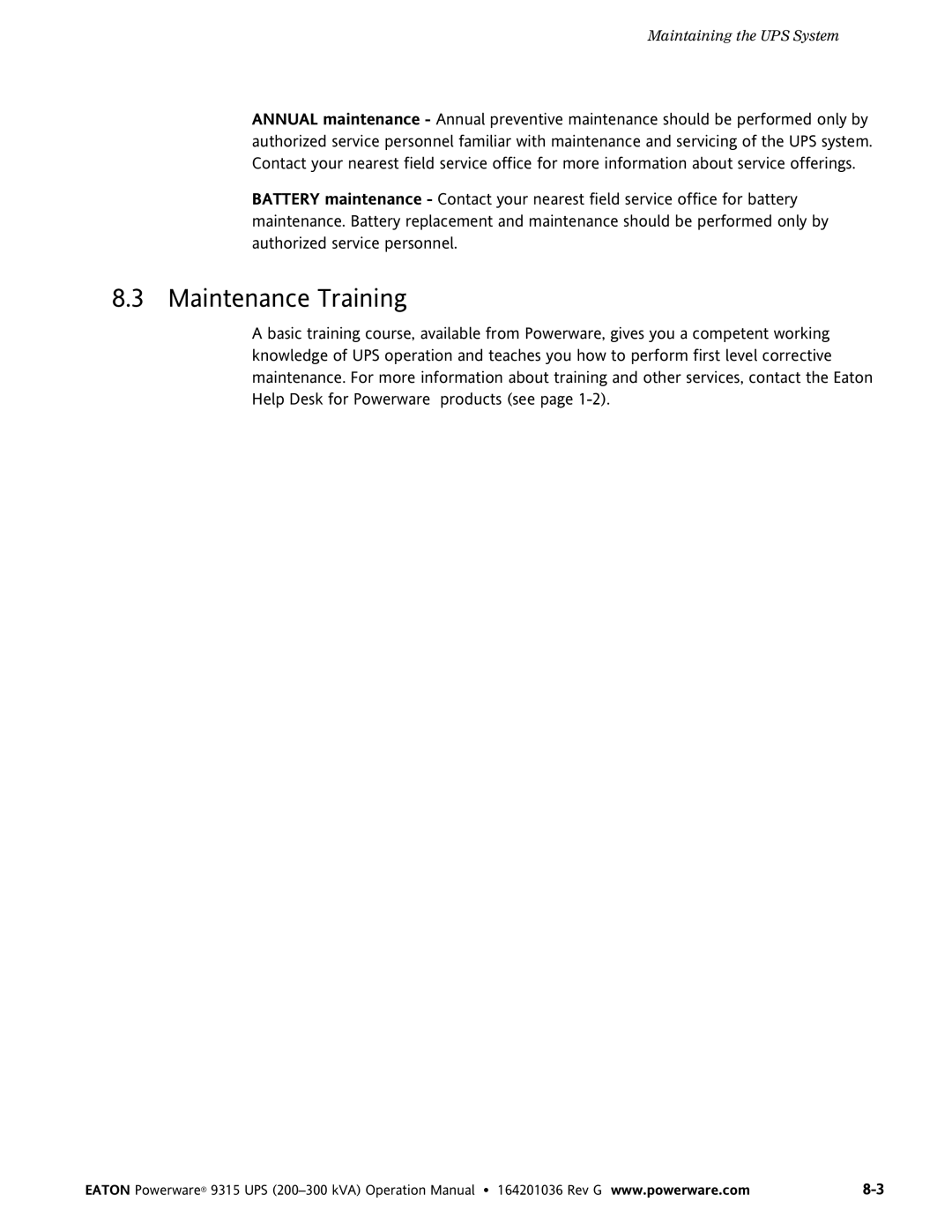 Powerware 9315 UPS operation manual Maintenance Training 