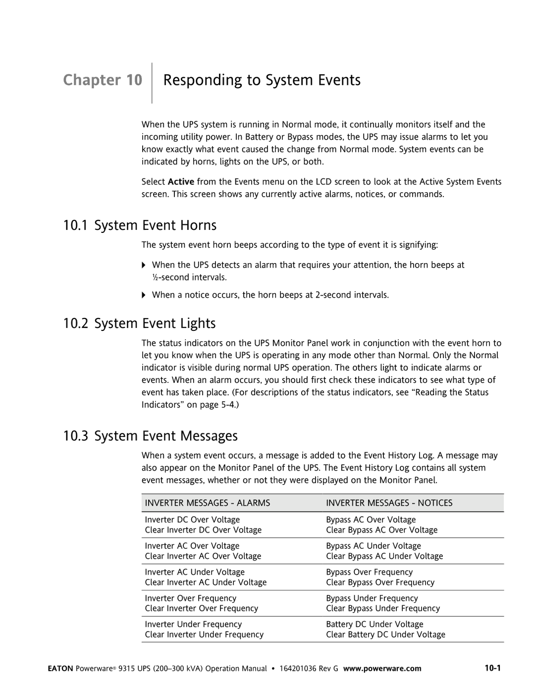 Powerware 9315 UPS Responding to System Events, System Event Horns, System Event Lights, System Event Messages 