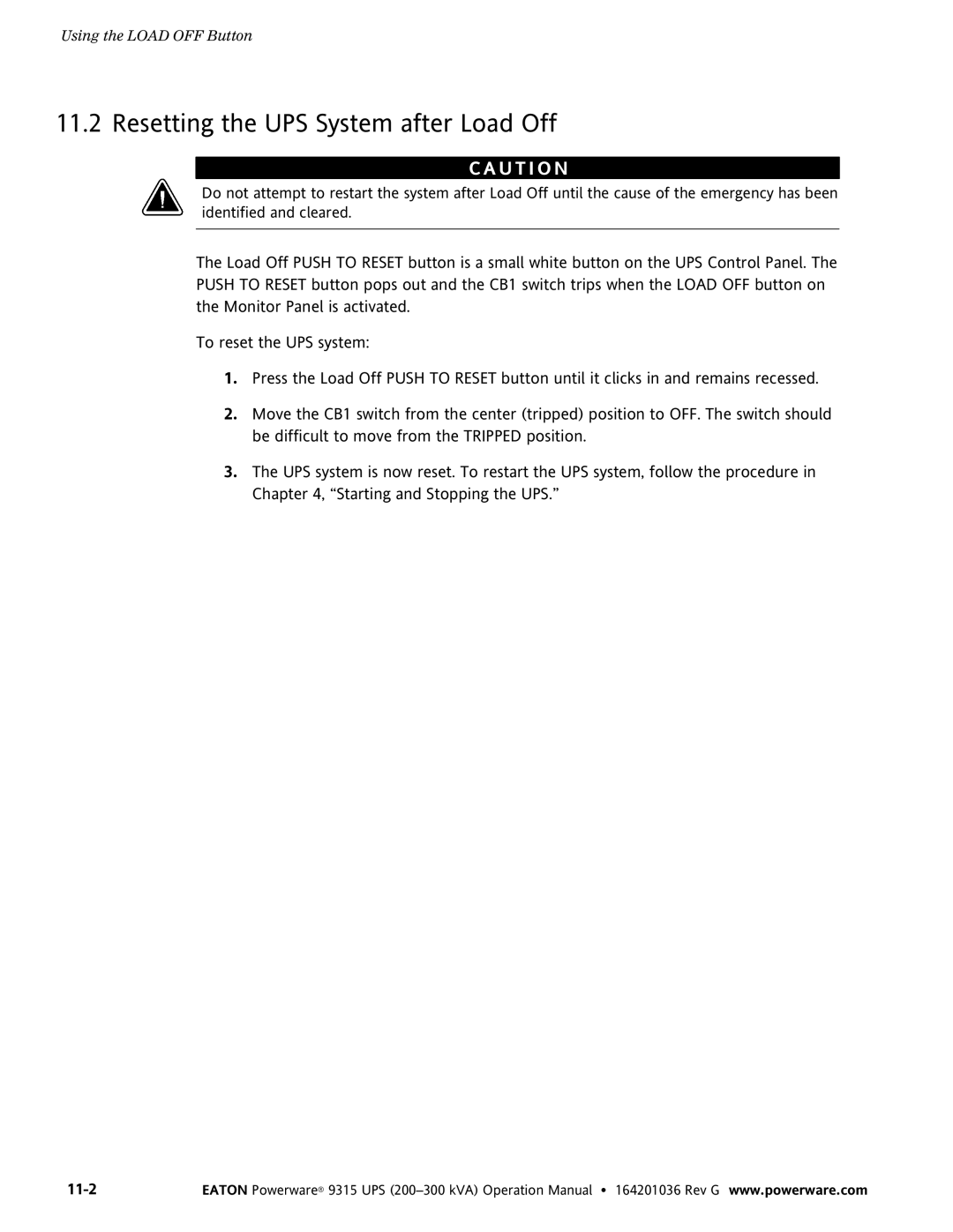 Powerware 9315 UPS operation manual Resetting the UPS System after Load Off 