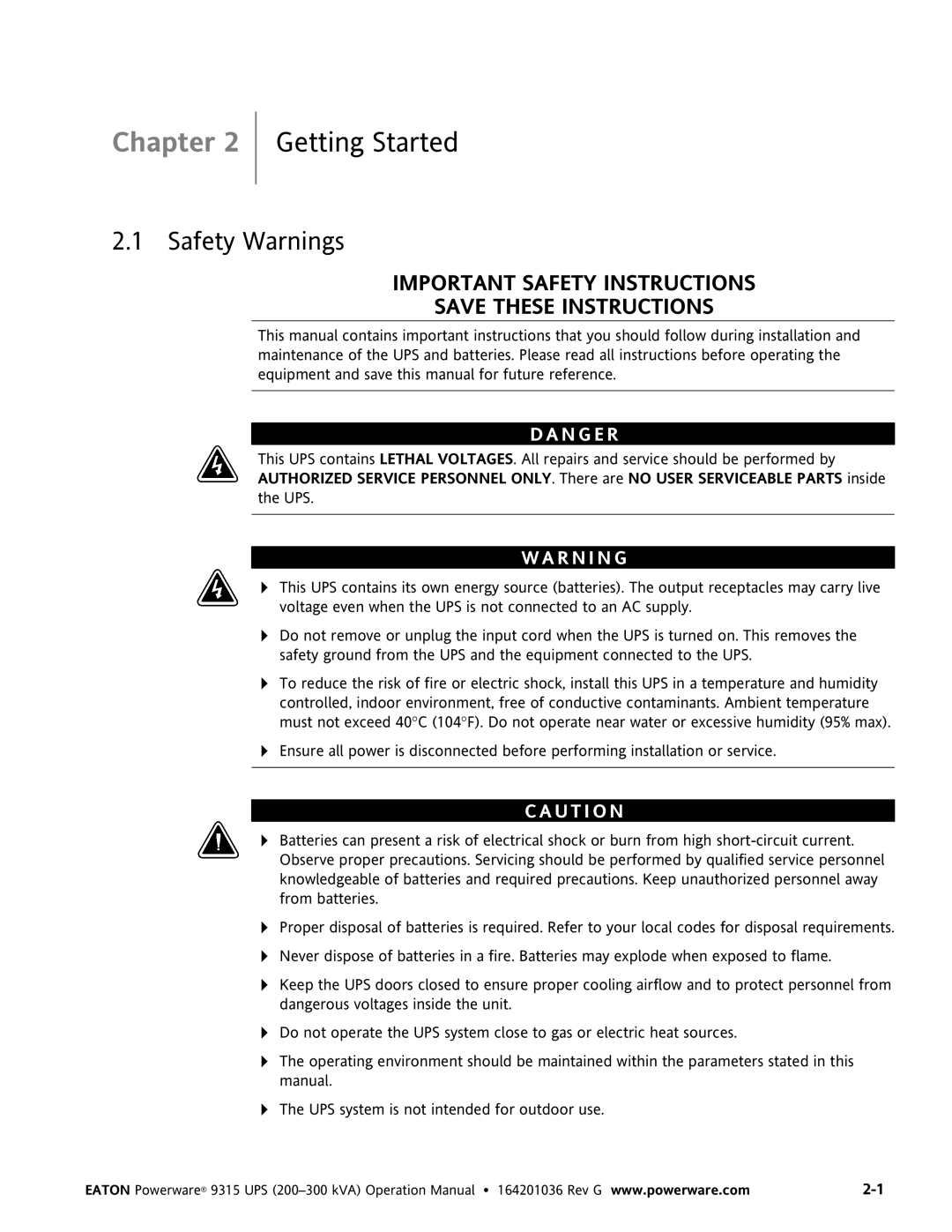 Powerware 9315 UPS operation manual Getting Started, Safety Warnings 