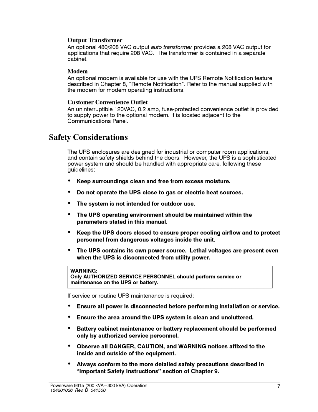 Powerware 9315 operation manual Safety Considerations, Output Transformer 