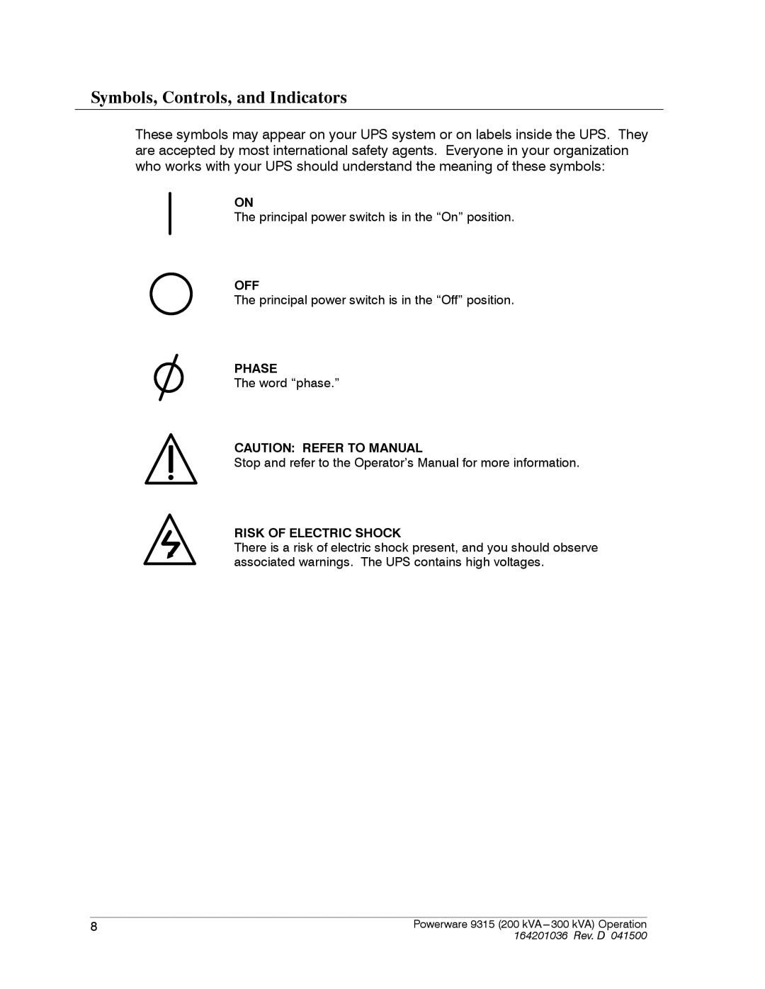 Powerware 9315 operation manual Symbols, Controls, and Indicators, Risk of Electric Shock 