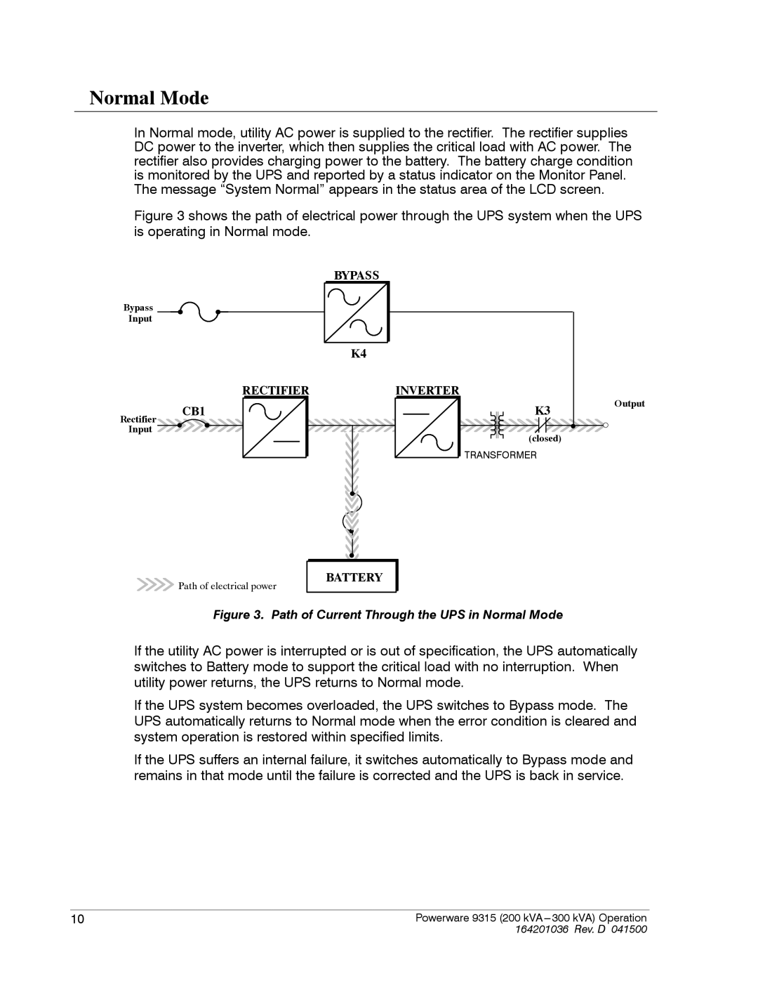 Powerware 9315 operation manual Path of Current Through the UPS in Normal Mode 