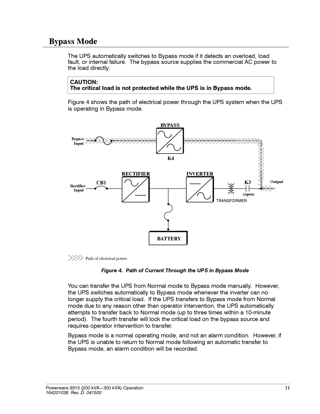 Powerware 9315 operation manual Path of Current Through the UPS in Bypass Mode 