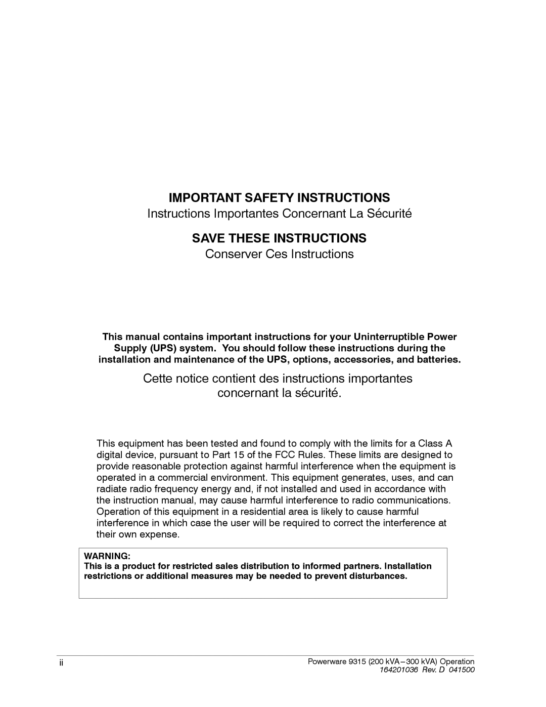 Powerware 9315 operation manual Important Safety Instructions 