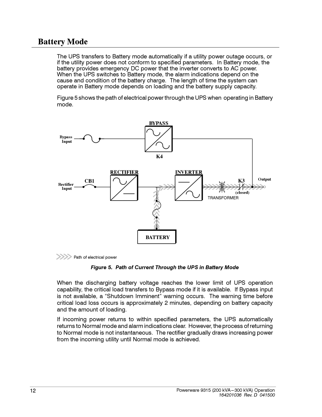 Powerware 9315 operation manual Path of Current Through the UPS in Battery Mode 