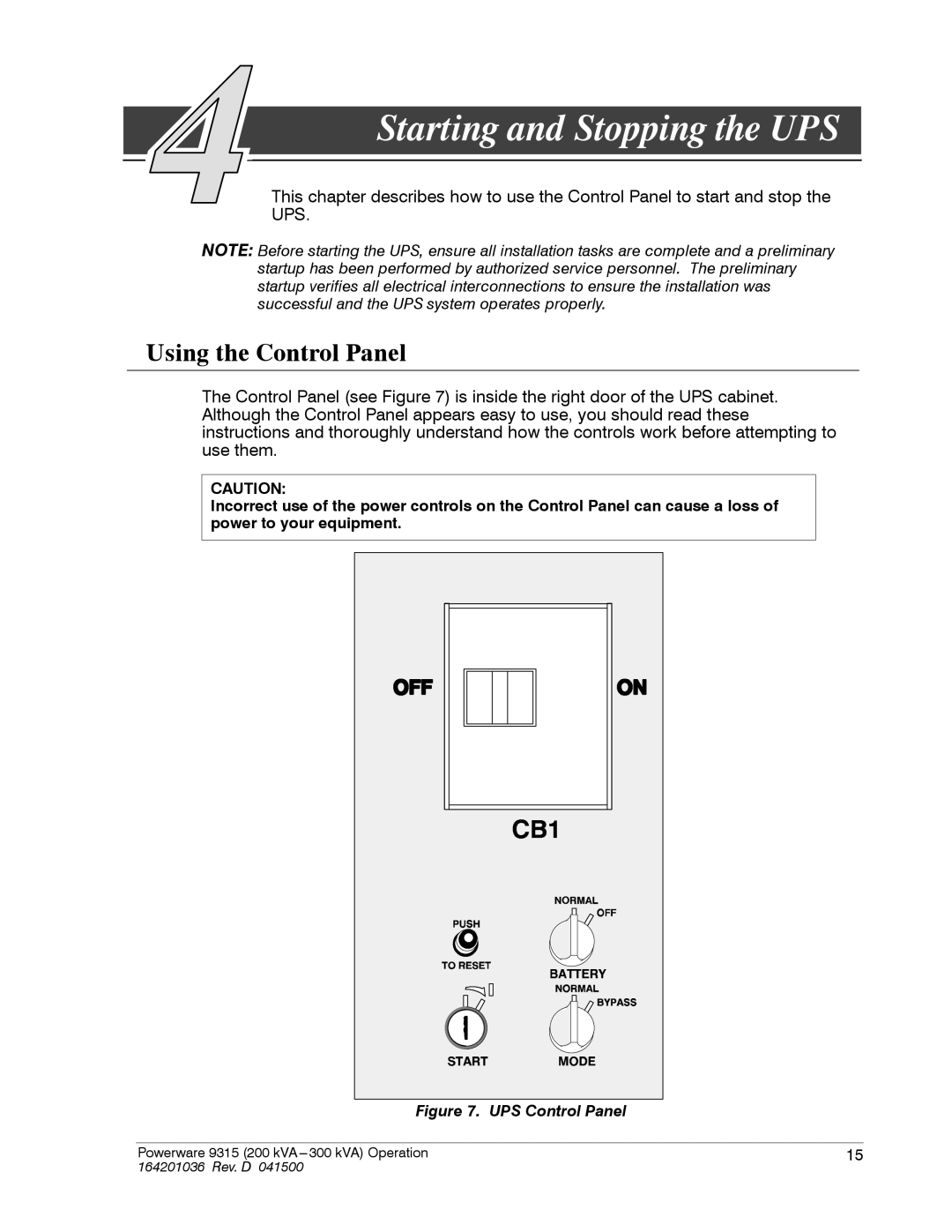 Powerware 9315 operation manual Starting and Stopping the UPS, Using the Control Panel 