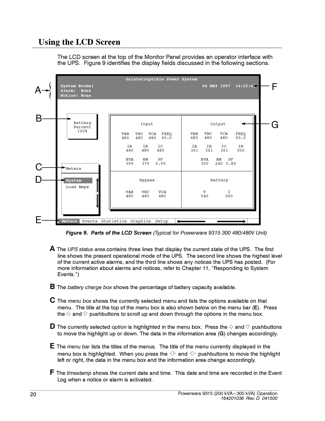 Powerware 9315 operation manual Using the LCD Screen, Alarm None 