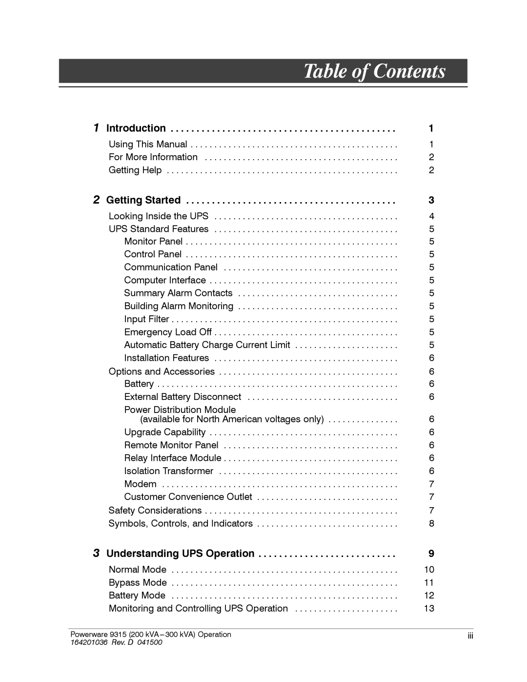 Powerware 9315 operation manual Table of Contents 