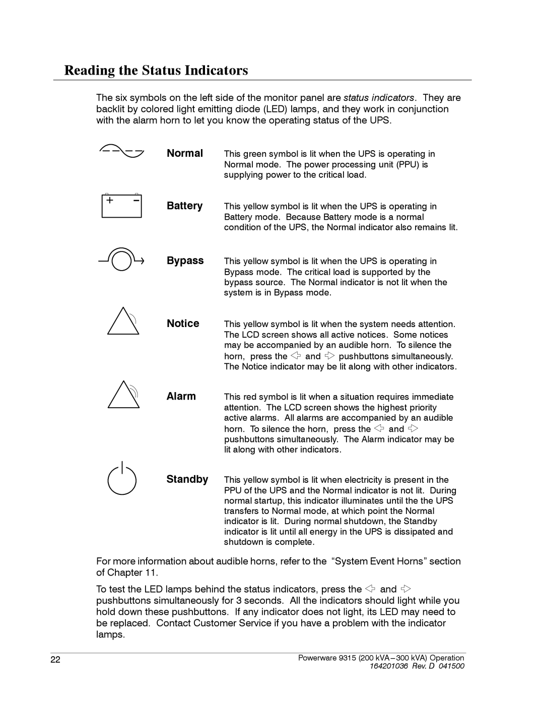 Powerware 9315 operation manual Reading the Status Indicators 