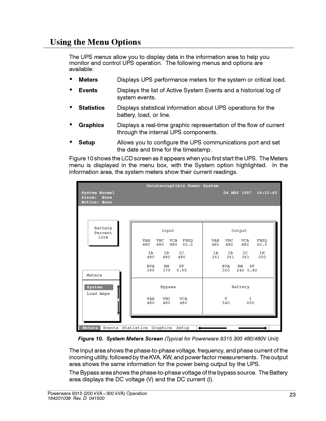 Powerware 9315 operation manual Using the Menu Options, · Setup 