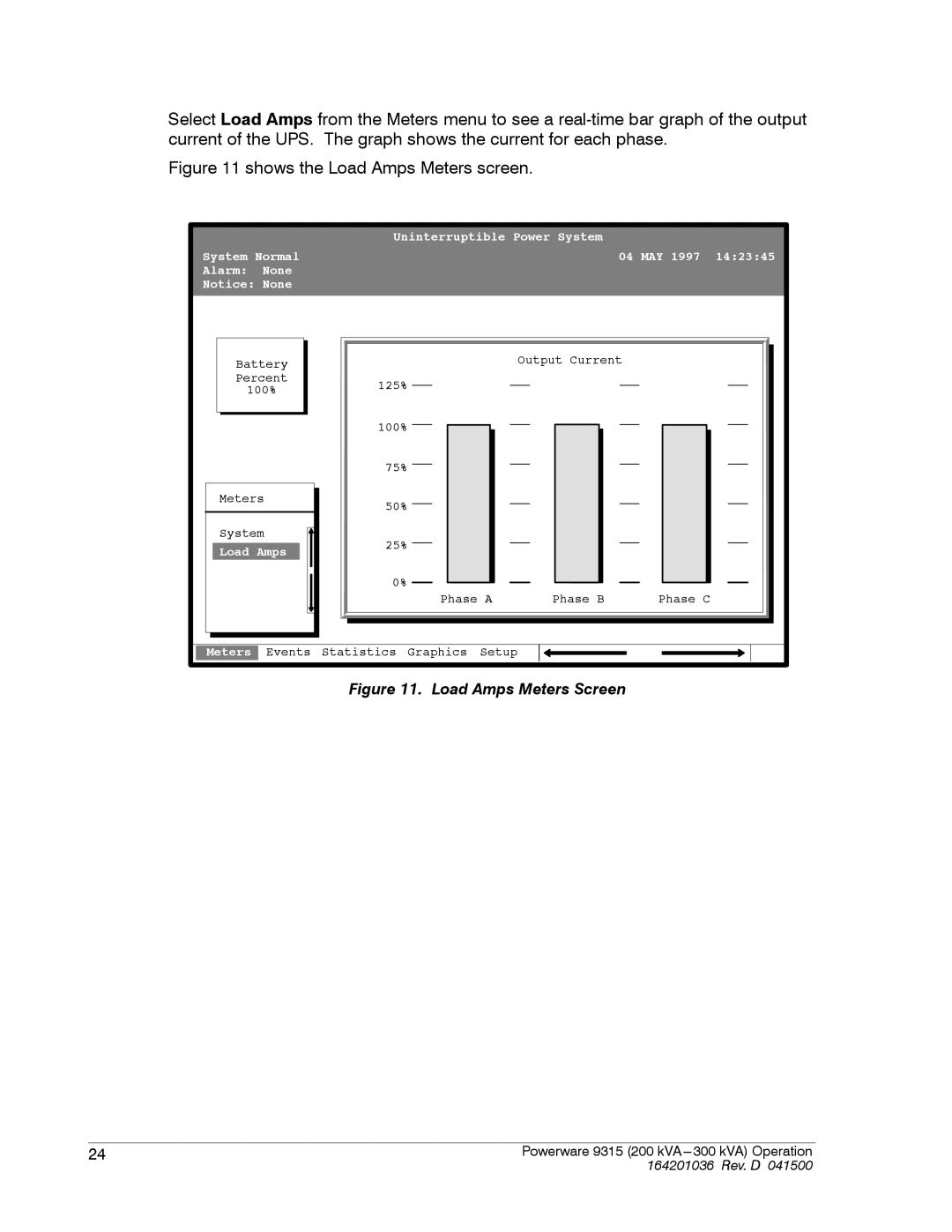 Powerware 9315 operation manual Shows the Load Amps Meters screen 