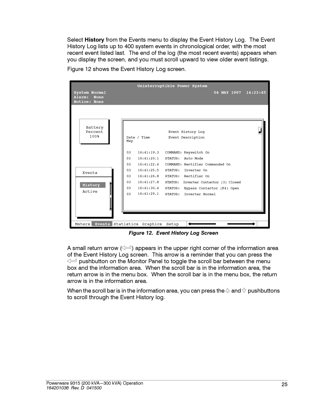 Powerware 9315 operation manual Shows the Event History Log screen 