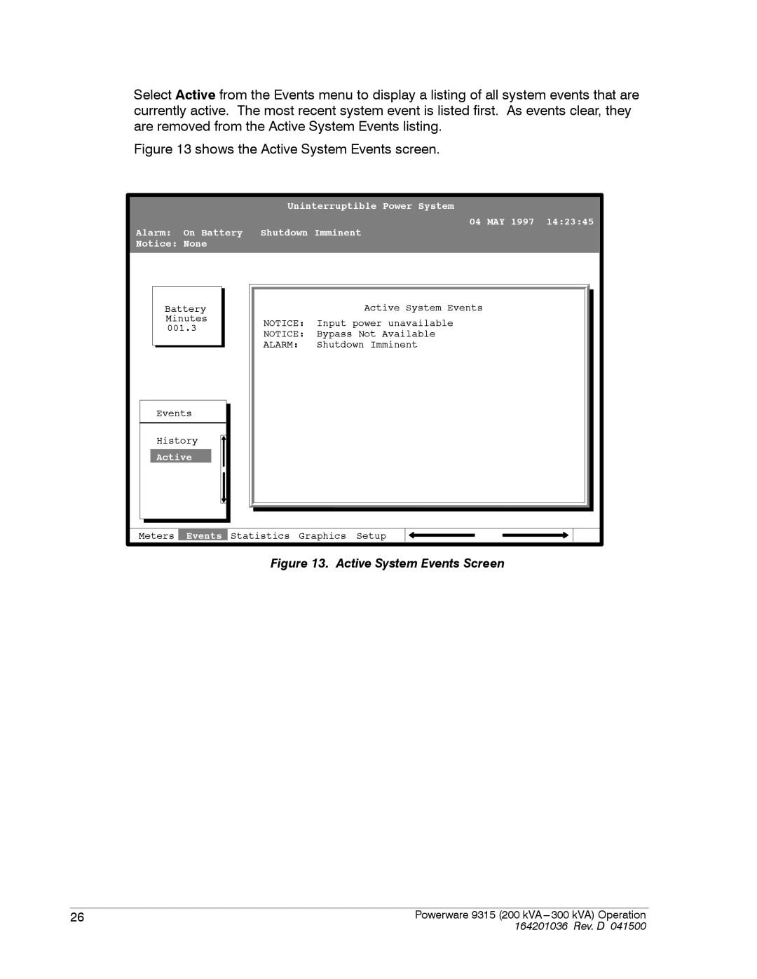 Powerware 9315 operation manual Shows the Active System Events screen 