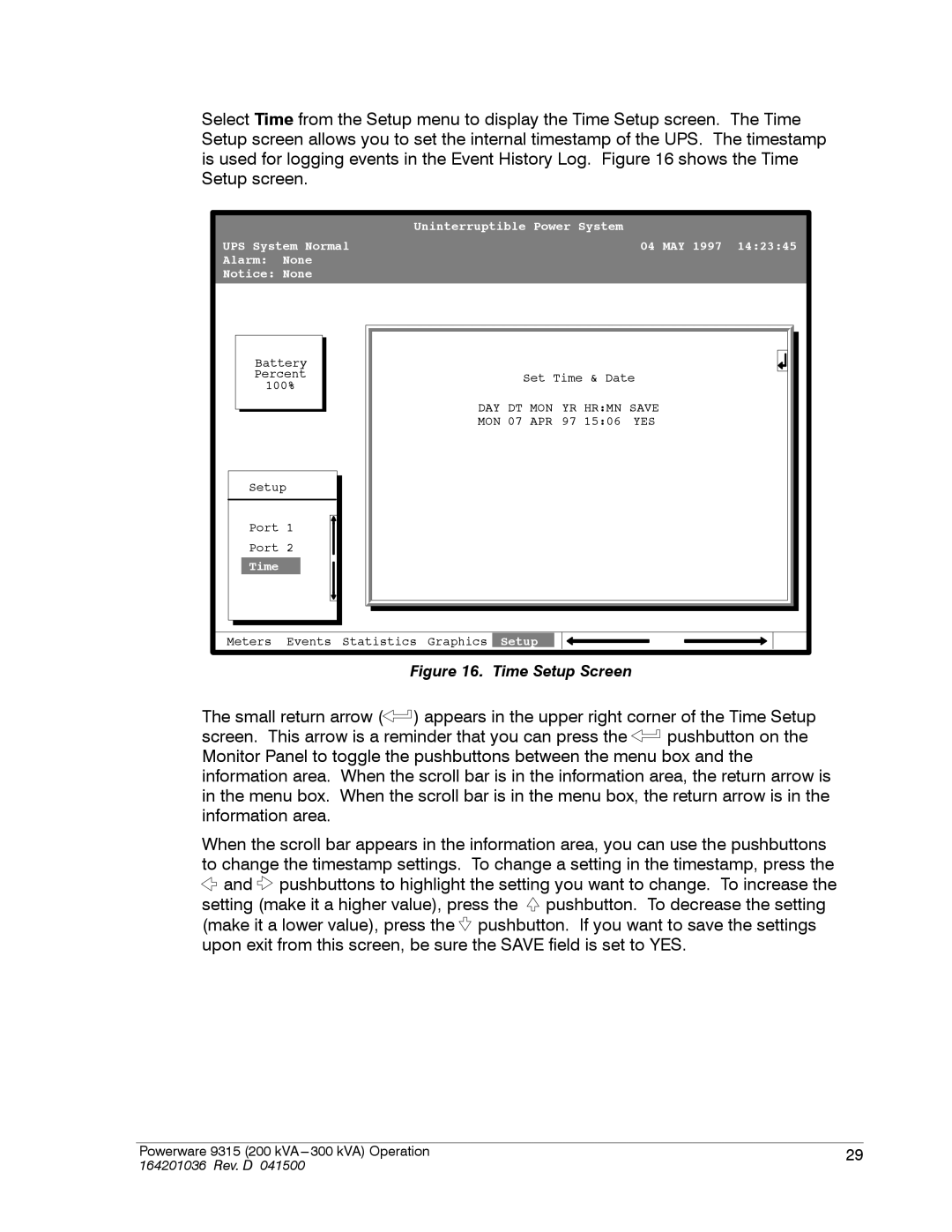 Powerware 9315 operation manual Time Setup Screen 