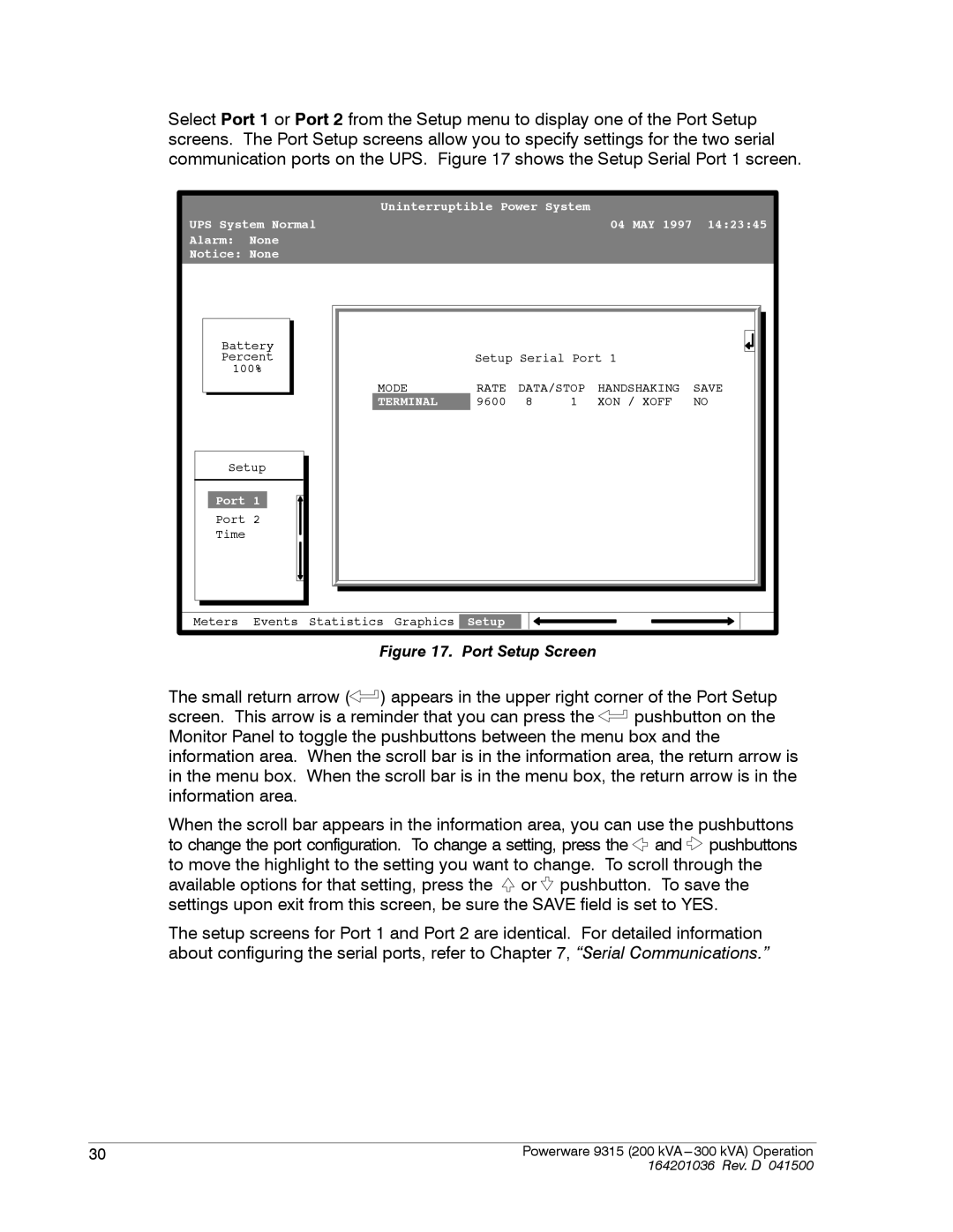 Powerware 9315 operation manual Port Setup Screen 