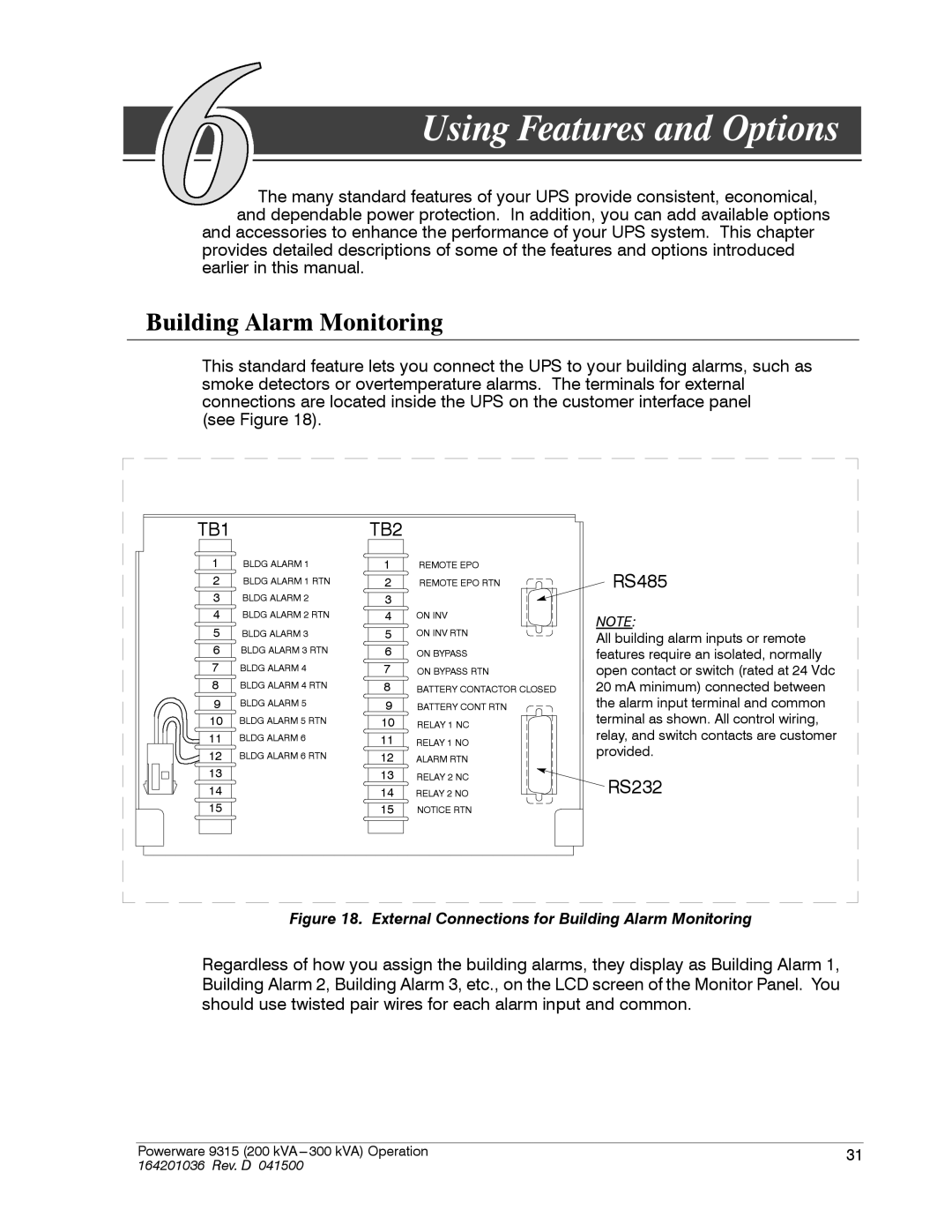 Powerware 9315 operation manual Using Features and Options, Building Alarm Monitoring 