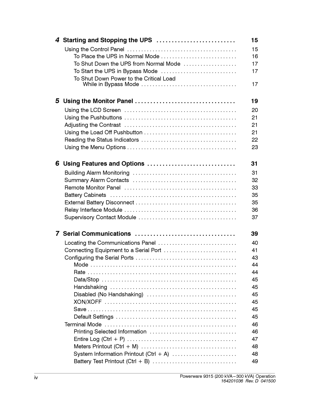 Powerware 9315 operation manual Starting and Stopping the UPS 