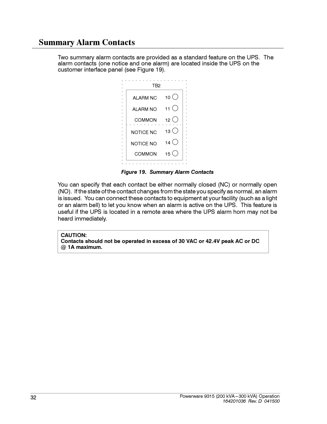 Powerware 9315 operation manual Summary Alarm Contacts 