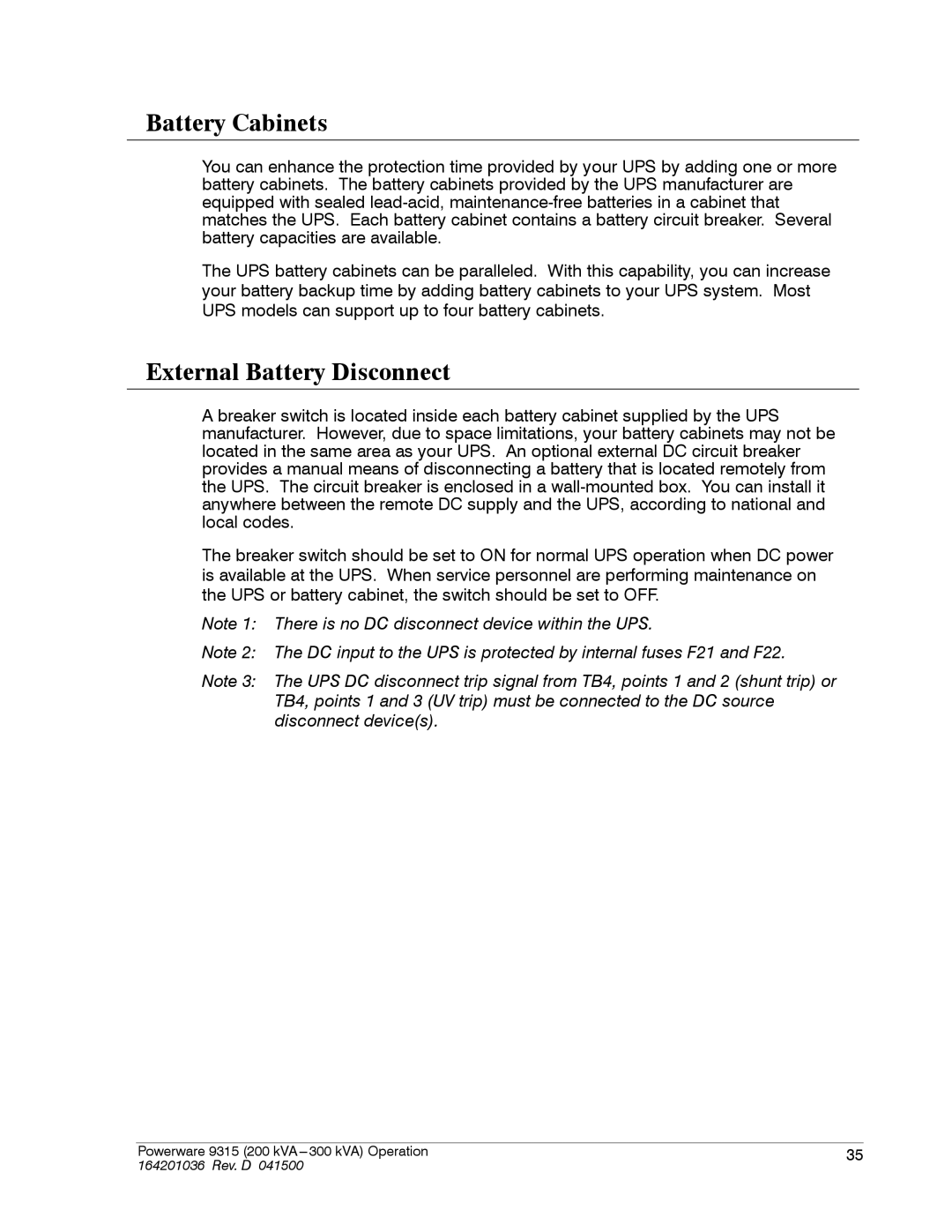 Powerware 9315 operation manual Battery Cabinets, External Battery Disconnect 