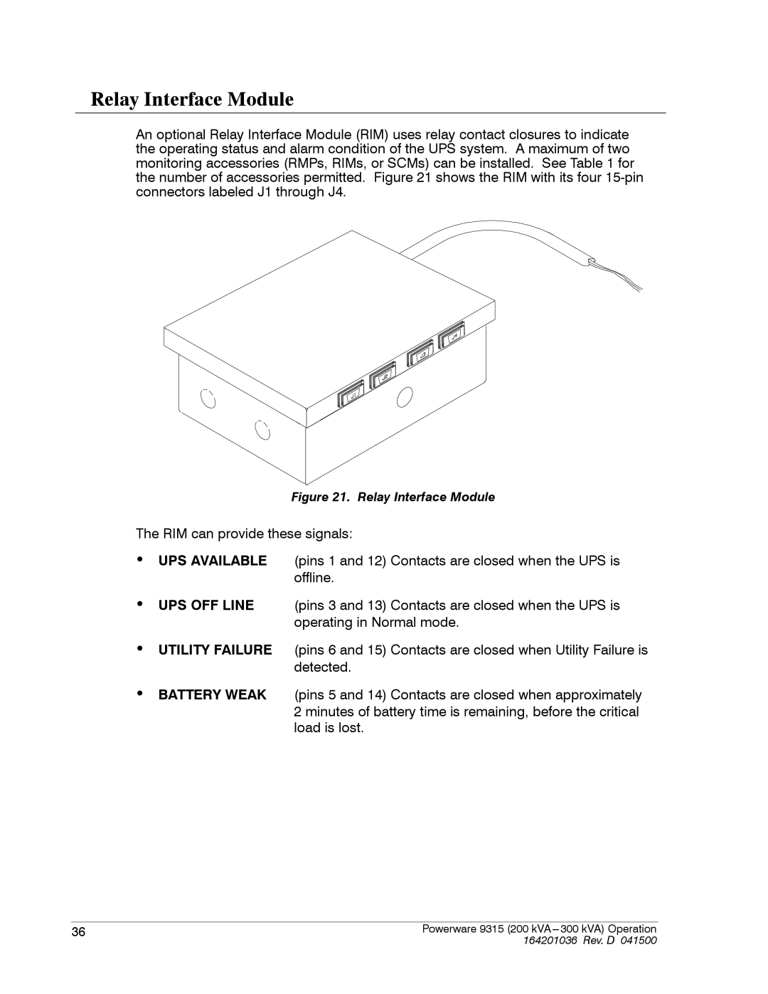 Powerware 9315 operation manual Relay Interface Module 